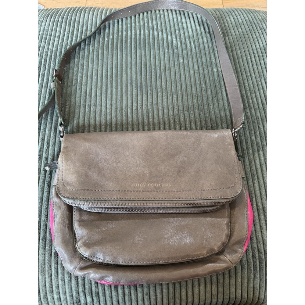 Juicy Couture Gray Leather Crossbody Messenger‎ Bag Pink Lining